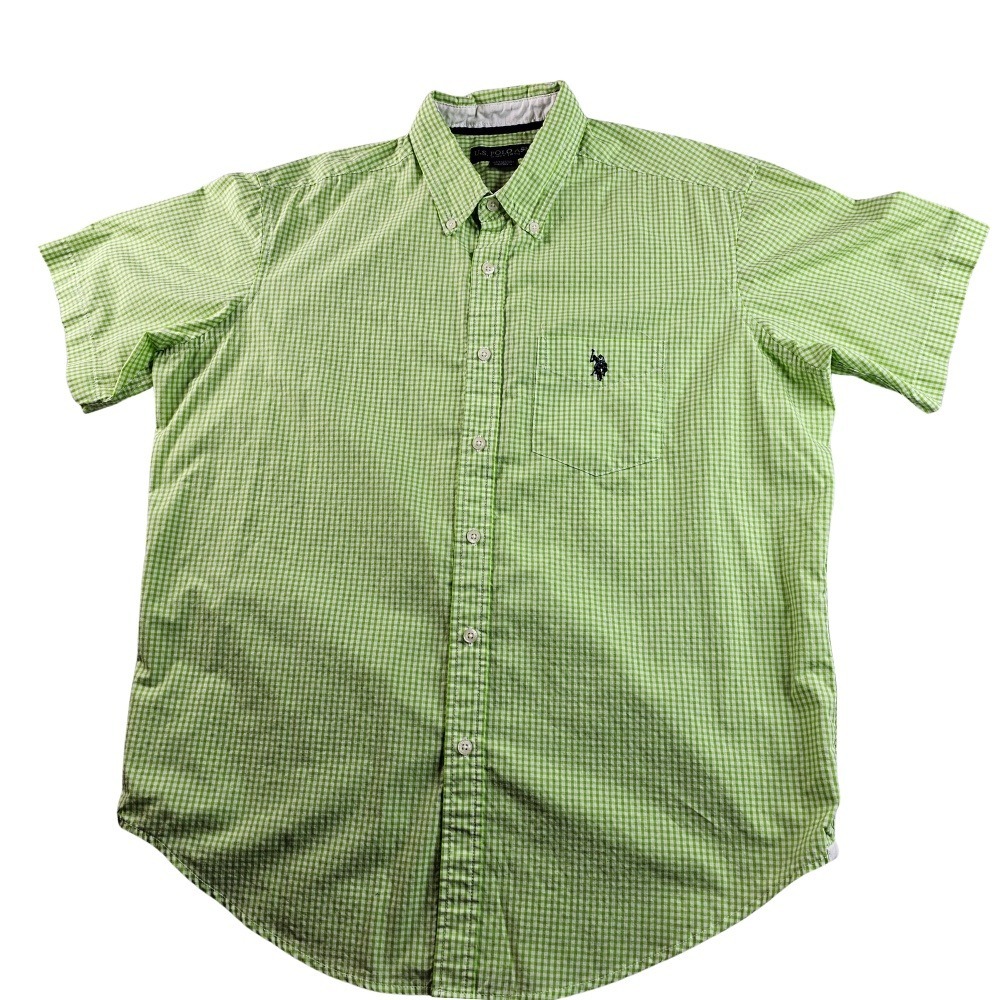 US Polo ASSN Gingham Button Down Shirt Men's Size L Green Short Sleeve